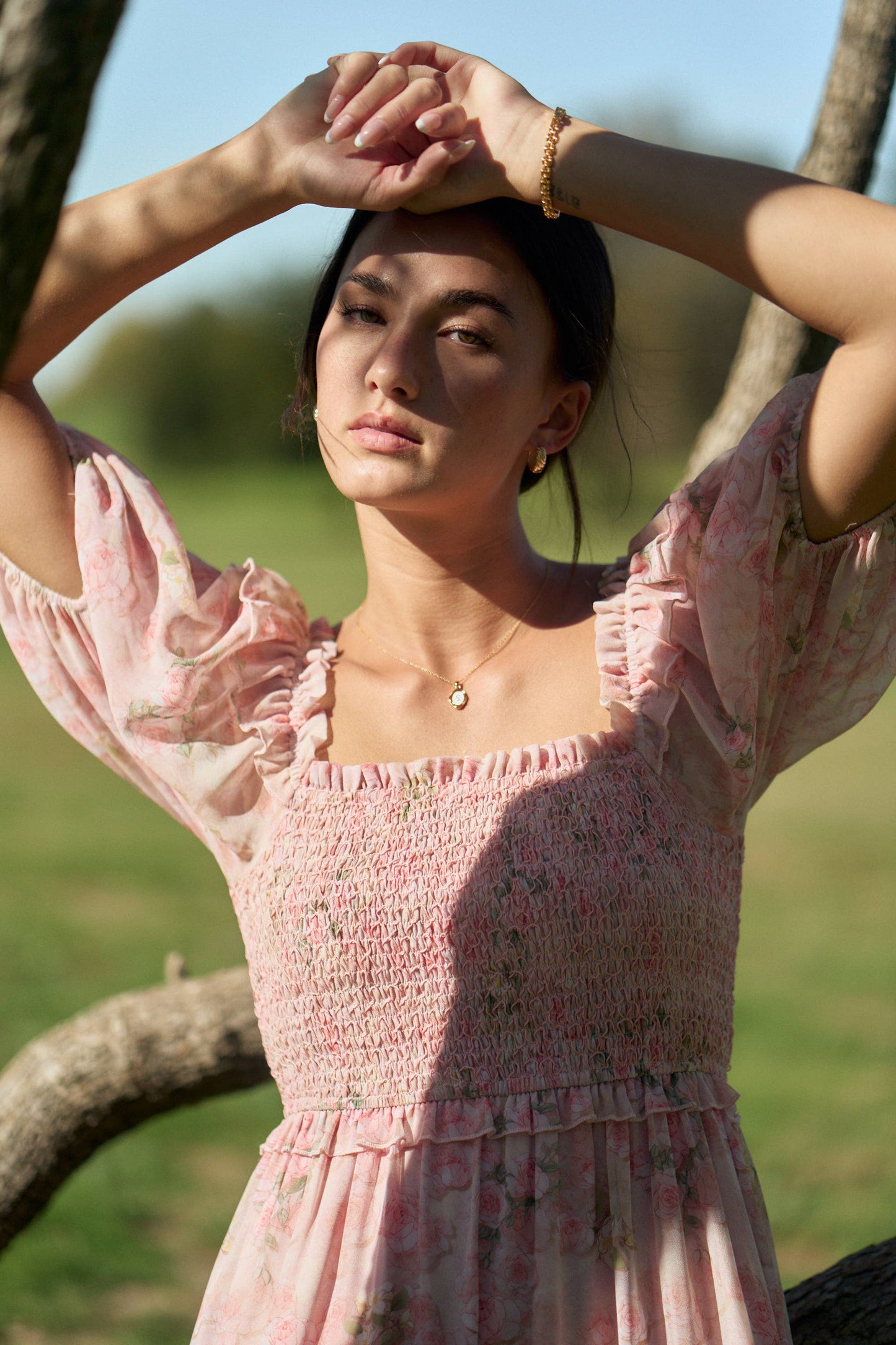 Davi & Dani - SMOCKED SQUARE NECK TIERED FLORAL MAXI DRESS