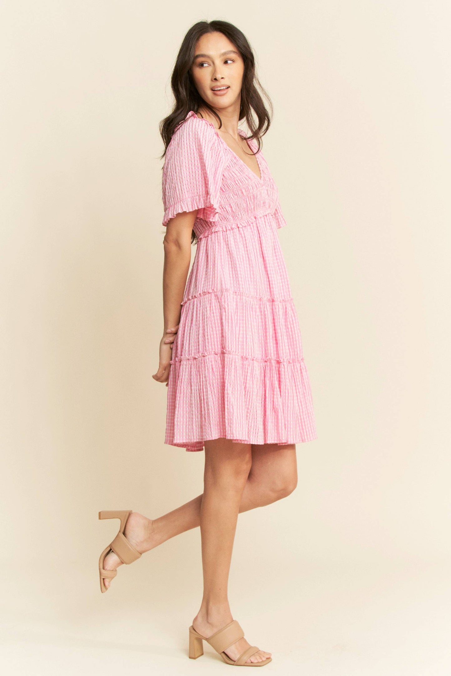 PLUS SMOCKING BODICE RUFFLE SLEEVE TIERED DRESS
