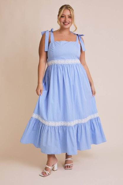 GILLI - PLUS SQUARE NECK TIE STRAP LACE TIRM STRIPE DRESS