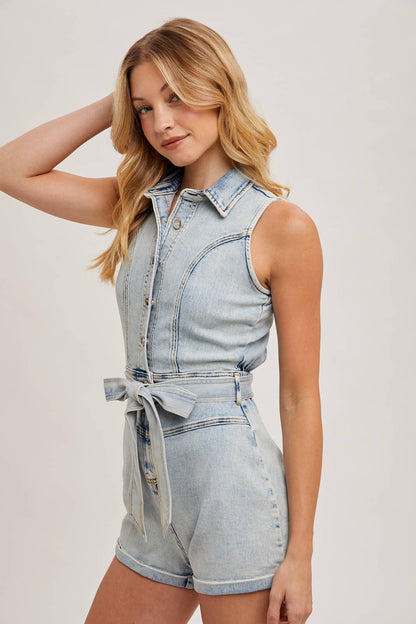 SLEEVELESS BUTTON DOWN BELTED DENIM ROMPER
