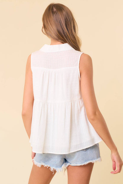 Textured Cotton Collared Split V-Neck Sleeveless