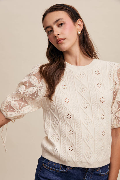 Listicle - Eyelet Puff Sleeve Knit Sweater Top