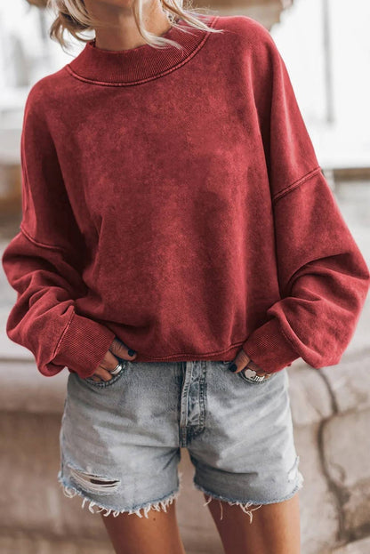 Lovesoft - Solid Color Drop Shoulder Crew Neck Pullover Sweatshirt