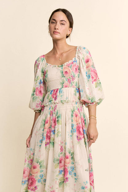 Davi & Dani - FLOWER PRINTED CHIFFON MAXI DRESS