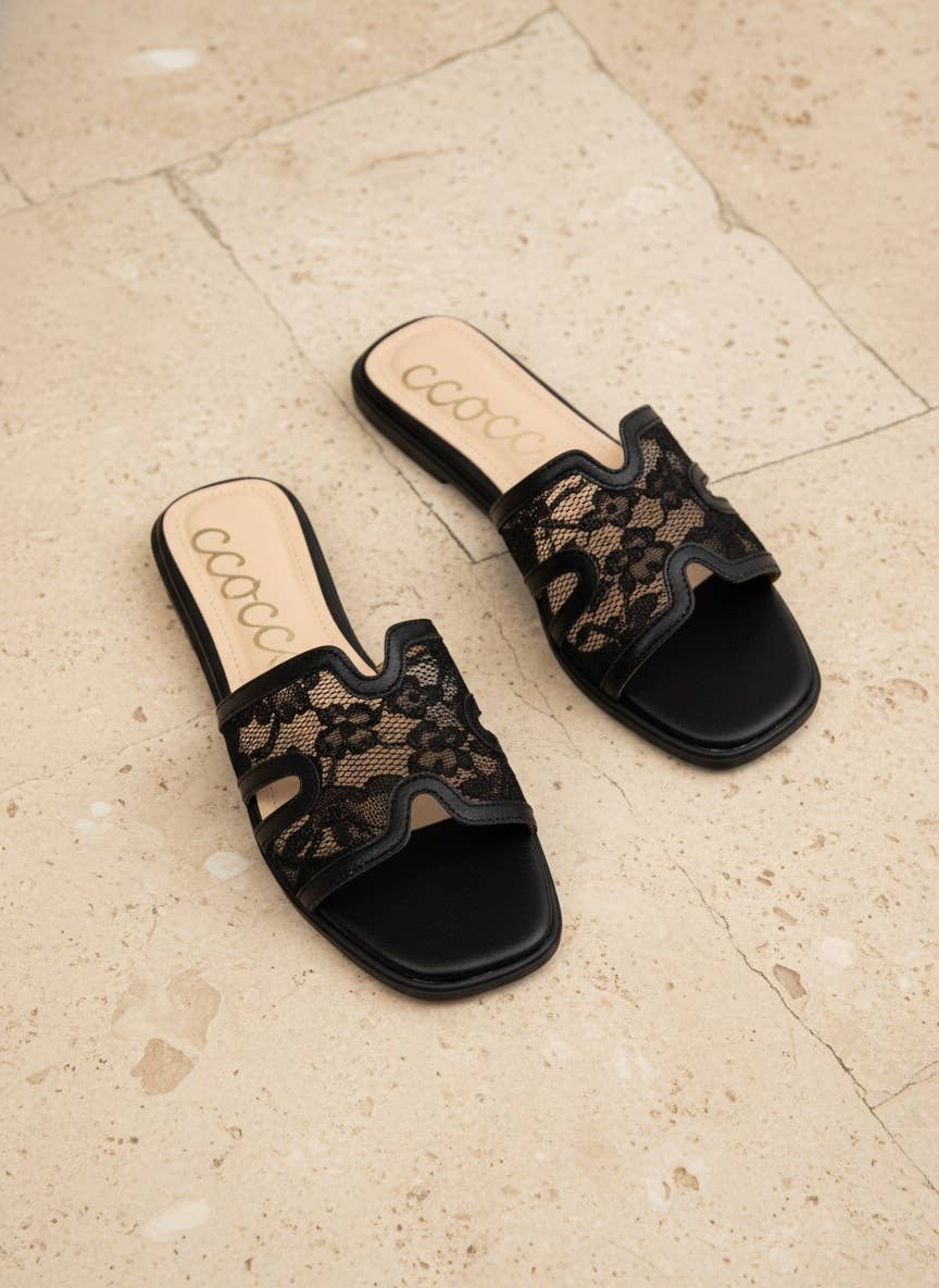 CCOCCI - BRITNEY Lace Mesh Sandals  H-Cutout Square Toe Slides