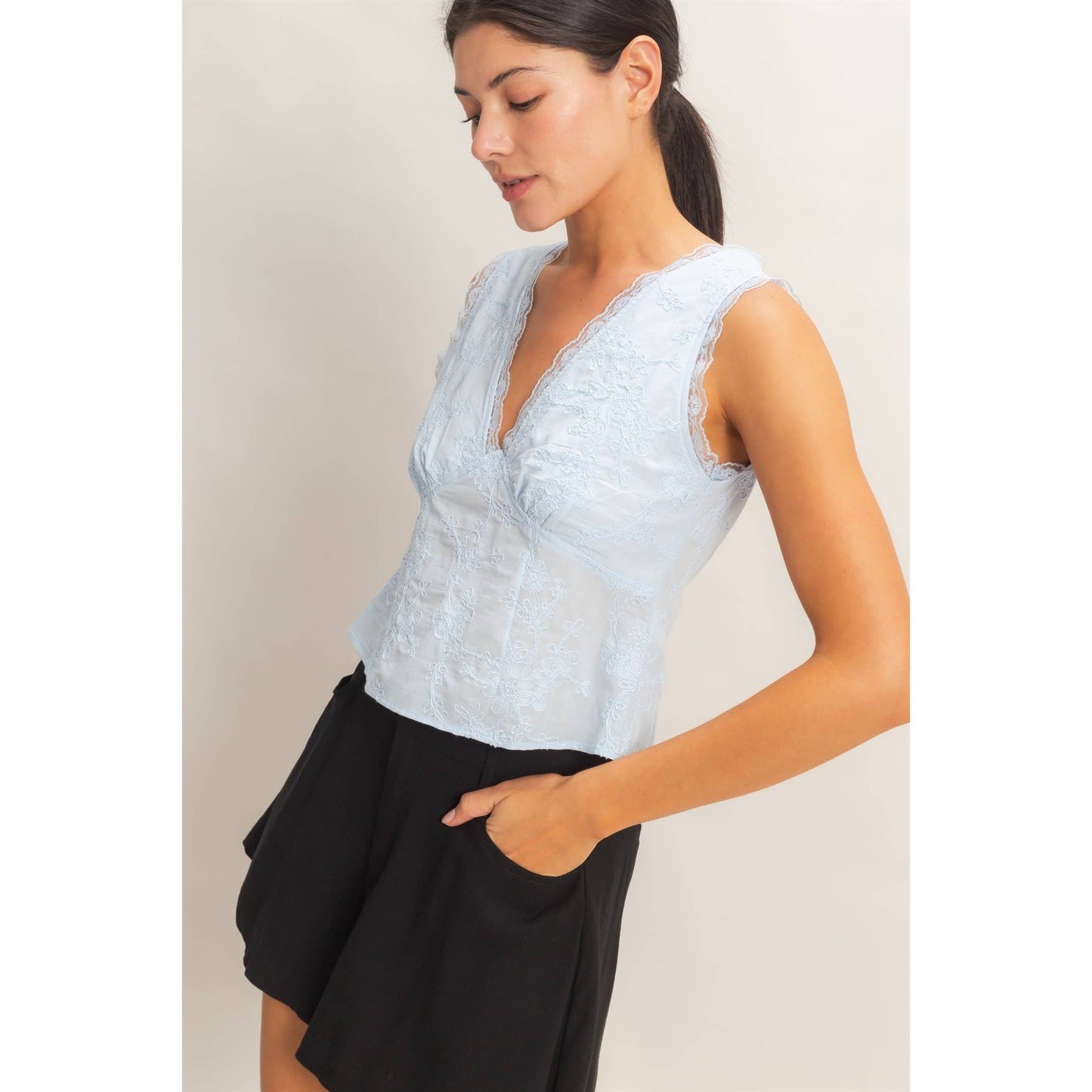 HYFVE - V-Neck Floral Lace Trim Top