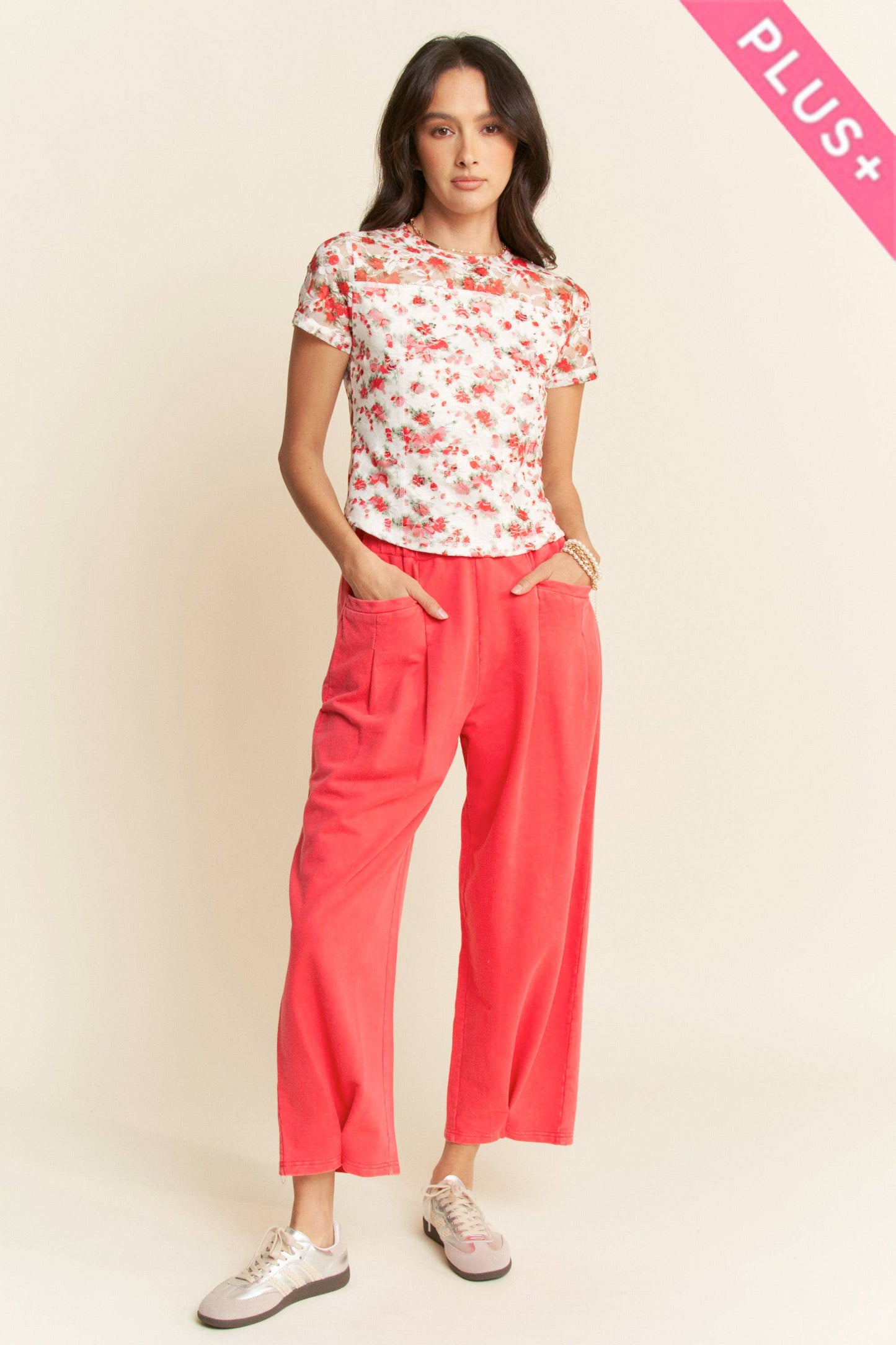 Davi & Dani - PLUS RIBBON SHORT SLEEVE LAYERED MESH TOP