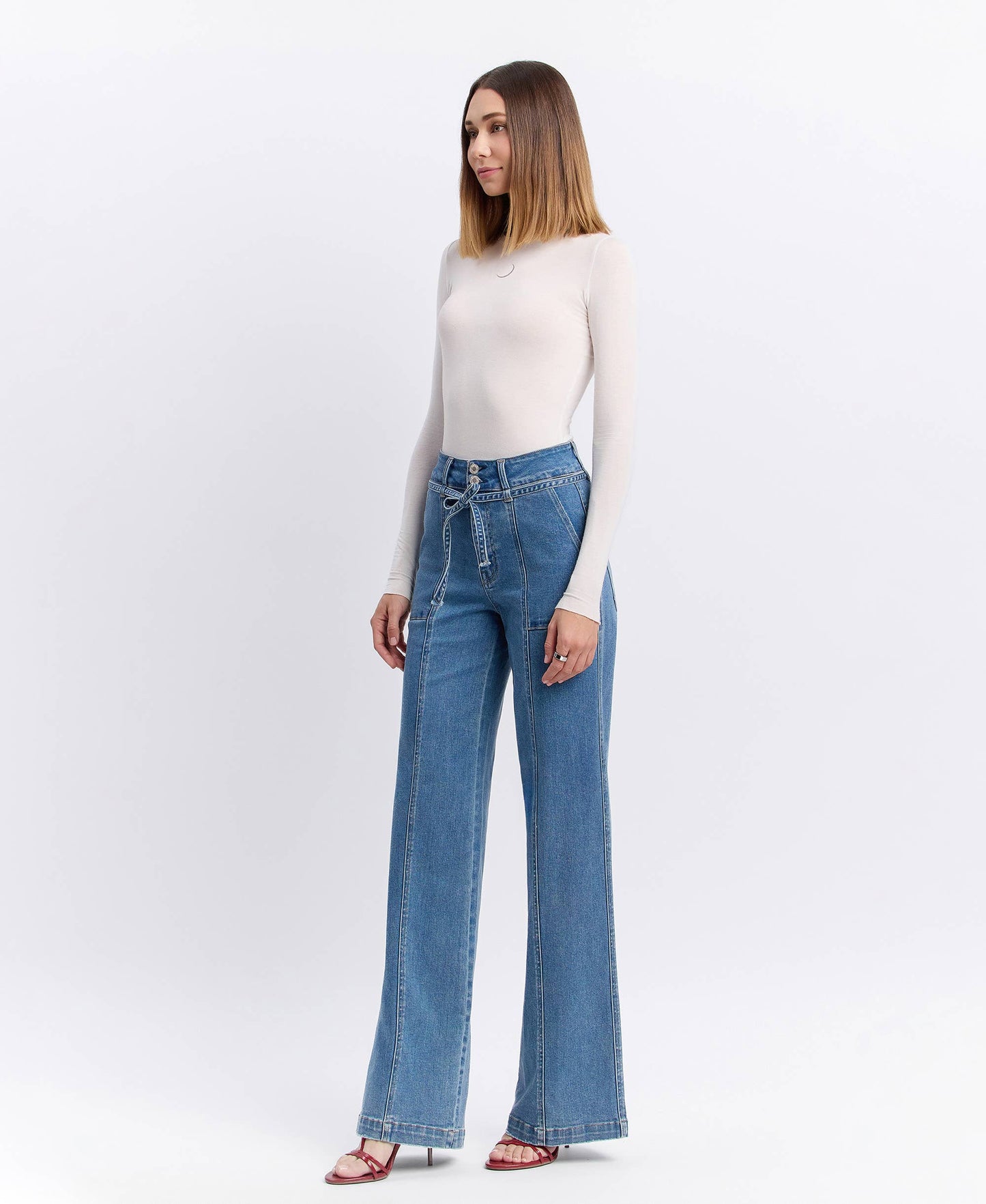 VERVET by FLYING MONKEY - SUPER HIGH RISE TIE WAISTBAND WIDE LEG JEANS T6765