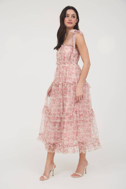 FLORAL TIE STRAP RUFFLE TRIM TIERED MAXI DRESS