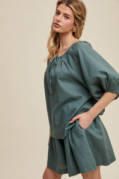 Listicle - Linen Puff Sleeve Blouse & Pleated Skirt Set