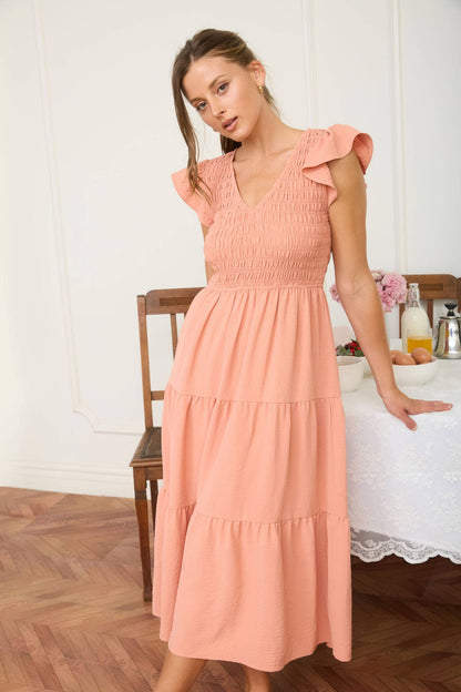 Blu Pepper - FLUTTER SLEEVE V NECK SMOCKED MIDI DRESS