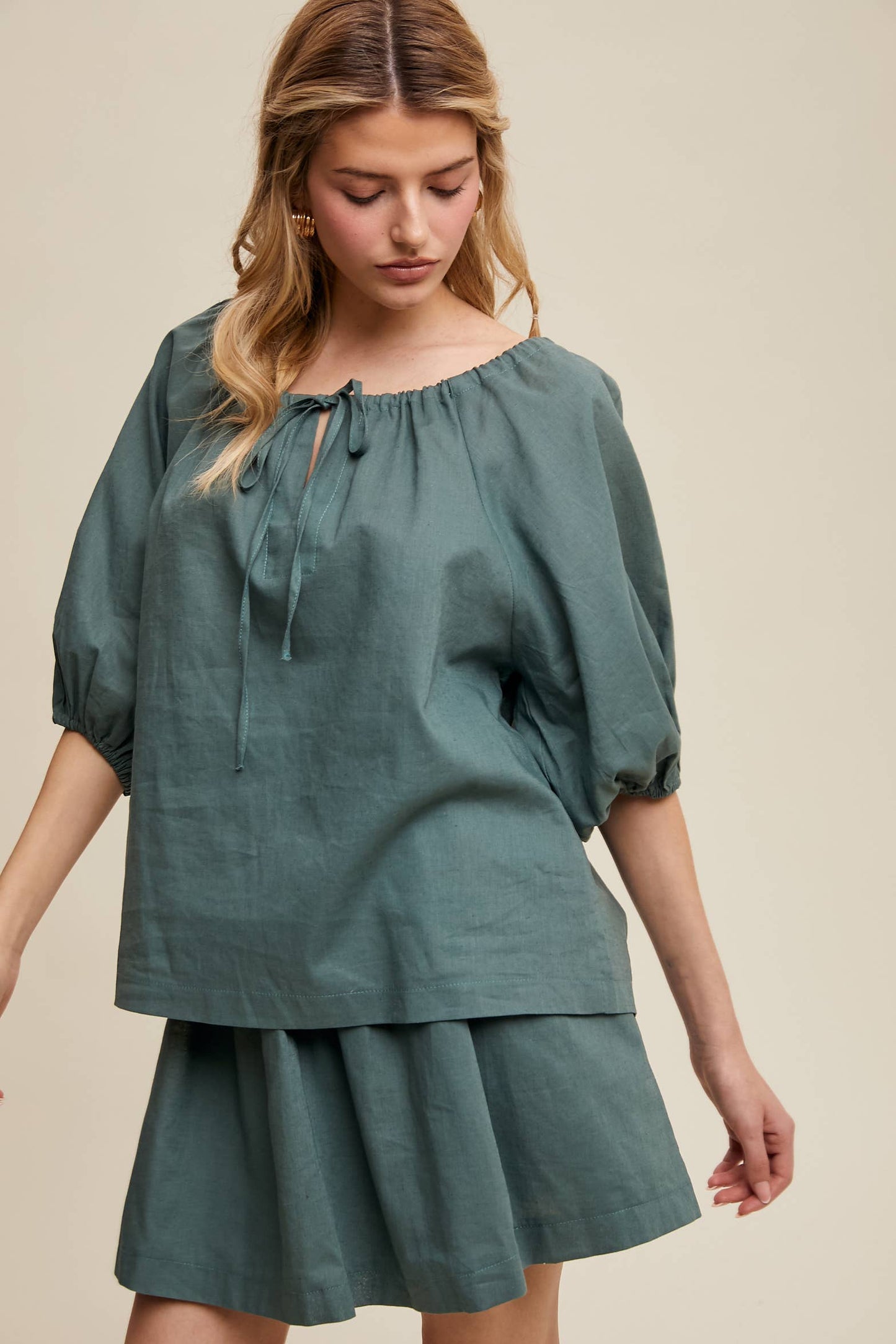 Listicle - Linen Puff Sleeve Blouse & Pleated Skirt Set