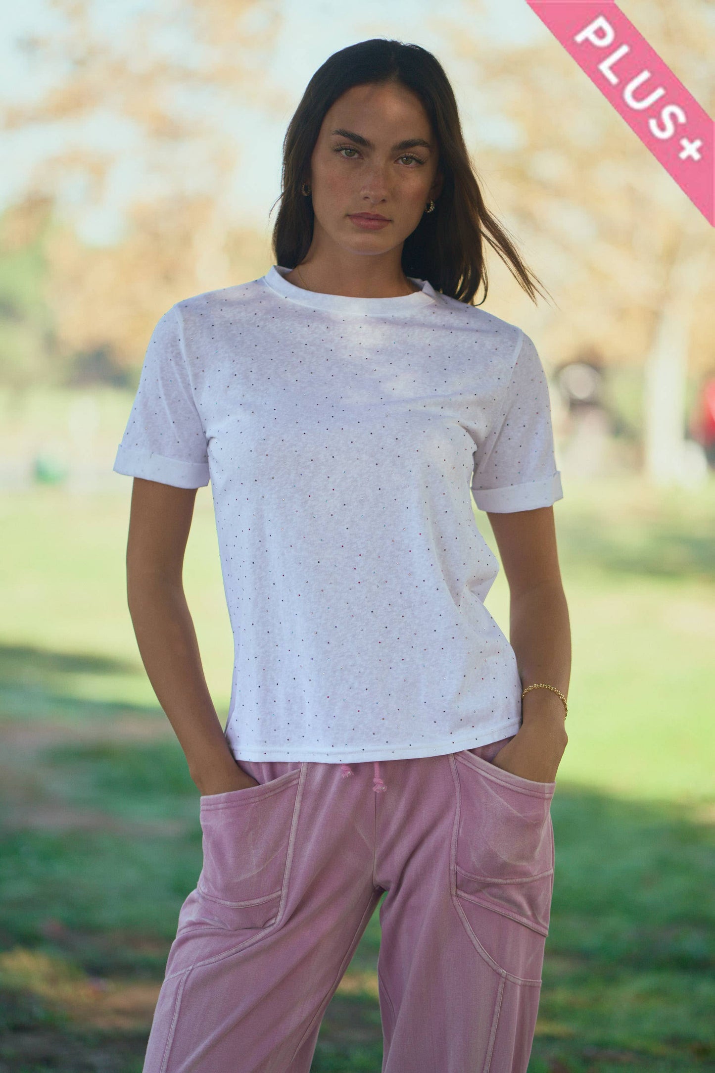 Davi & Dani - PLUS RHINESTONE EMBELLISHED RELAXED CREW NECK TEE