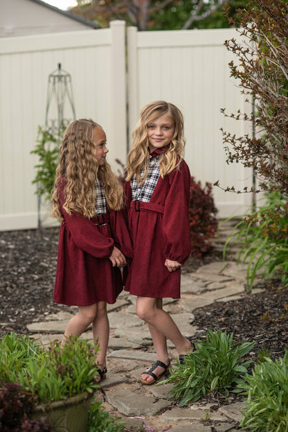 Wren & James - Kids Burgundy Black & White Plaid Yoke Long Sleeve Dress