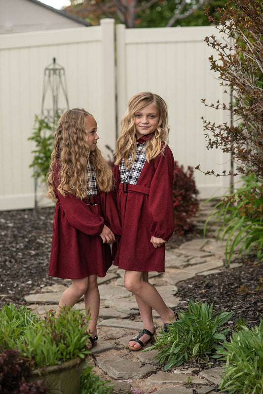 Wren & James - Kids Burgundy Black & White Plaid Yoke Long Sleeve Dress
