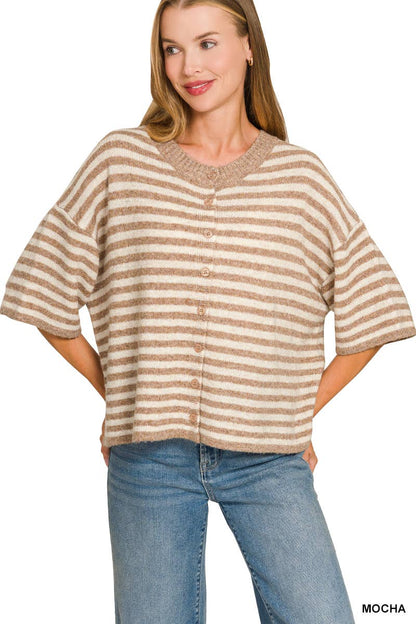 Striped Wool Blend Short Sleeve Cardigan Sweater