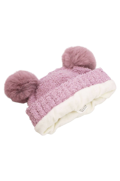Cap Zone - Kids Kitty Cat Terry Fleece Double Pom Beanie
