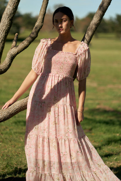 Davi & Dani - SMOCKED SQUARE NECK TIERED FLORAL MAXI DRESS