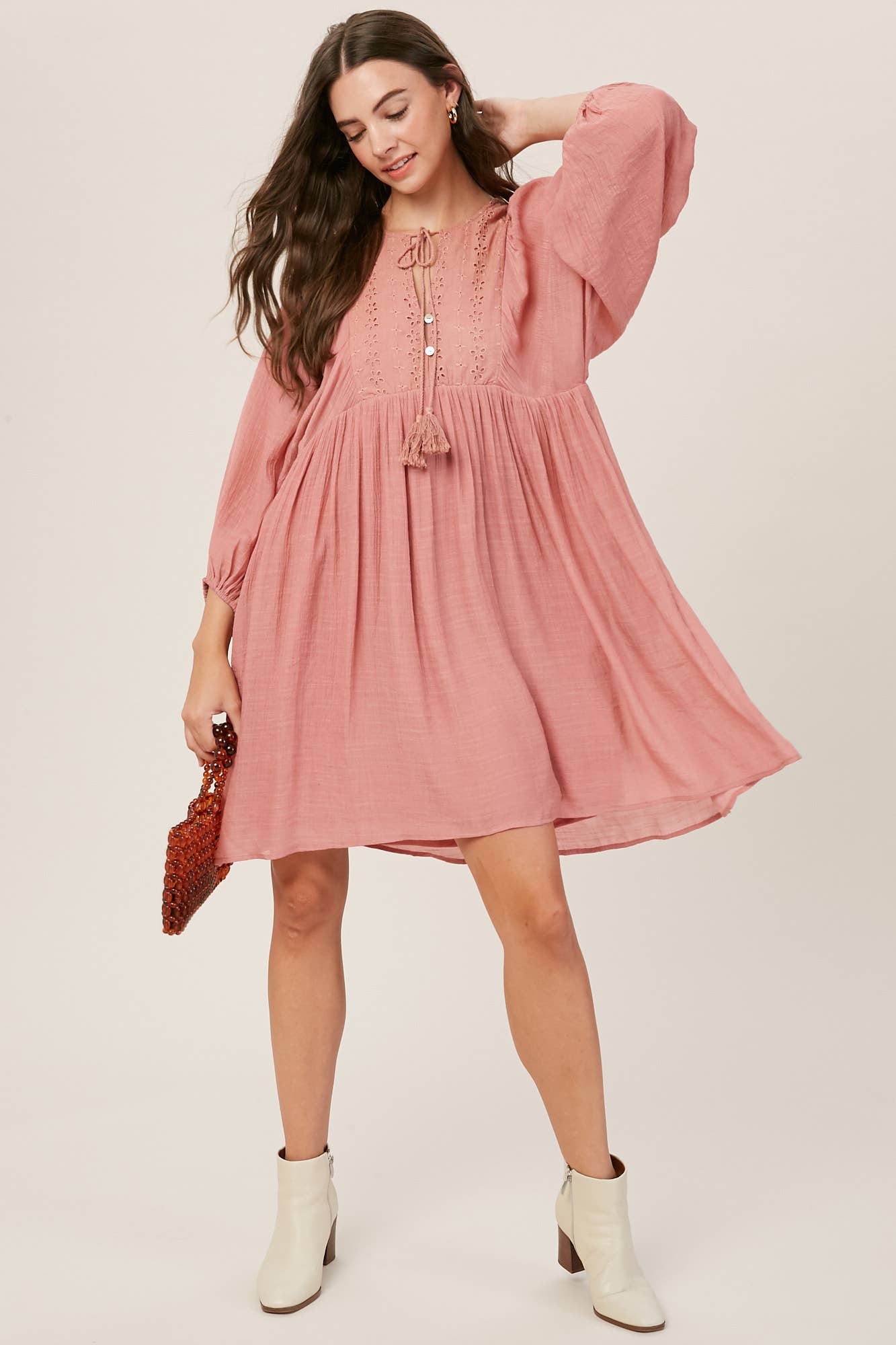 Listicle - Embroidered Tassel Tie Babydoll Dress