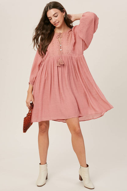 Listicle - Embroidered Tassel Tie Babydoll Dress