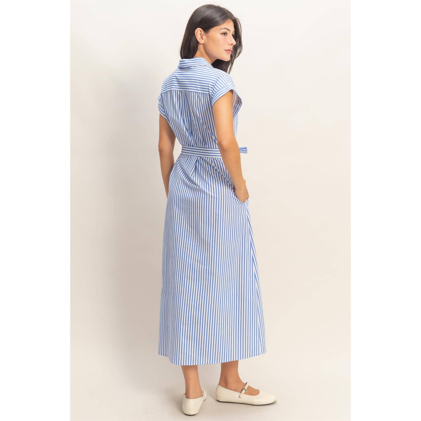 Striped Poplin Belted Shirt Dress With Pockets