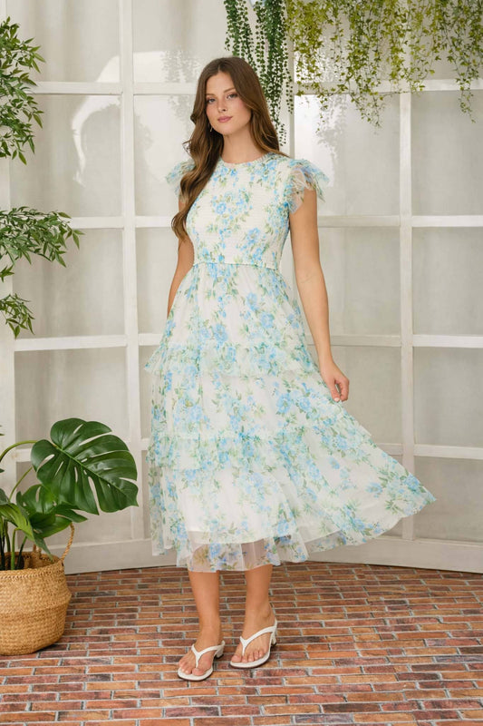 FLORAL TULLE PATTERN SMOCKED TIERED MIDI DRESS
