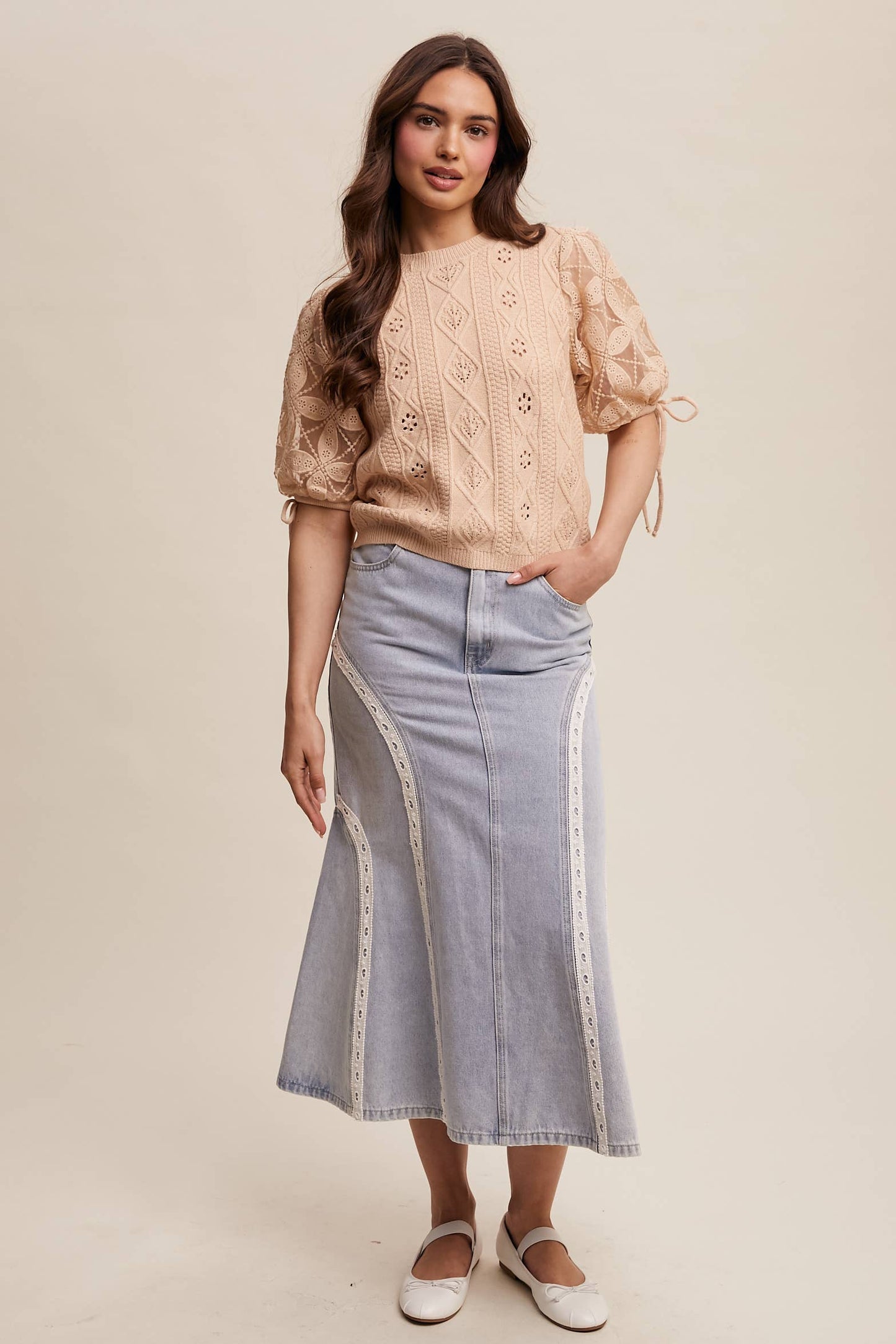 Listicle - Eyelet Puff Sleeve Knit Sweater Top