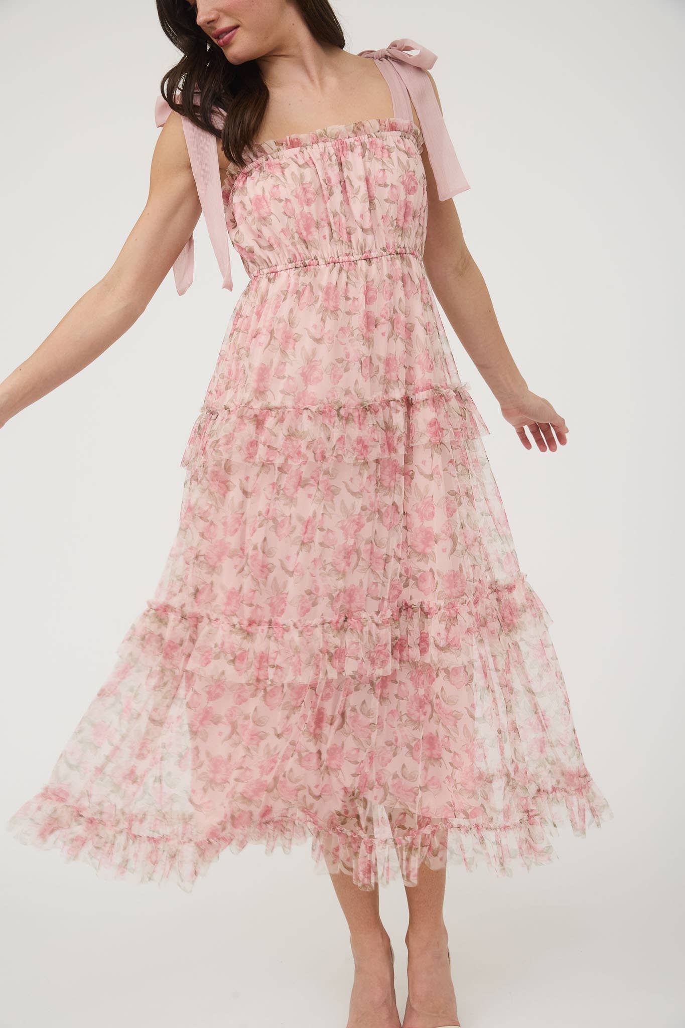 FLORAL TIE STRAP RUFFLE TRIM TIERED MAXI DRESS