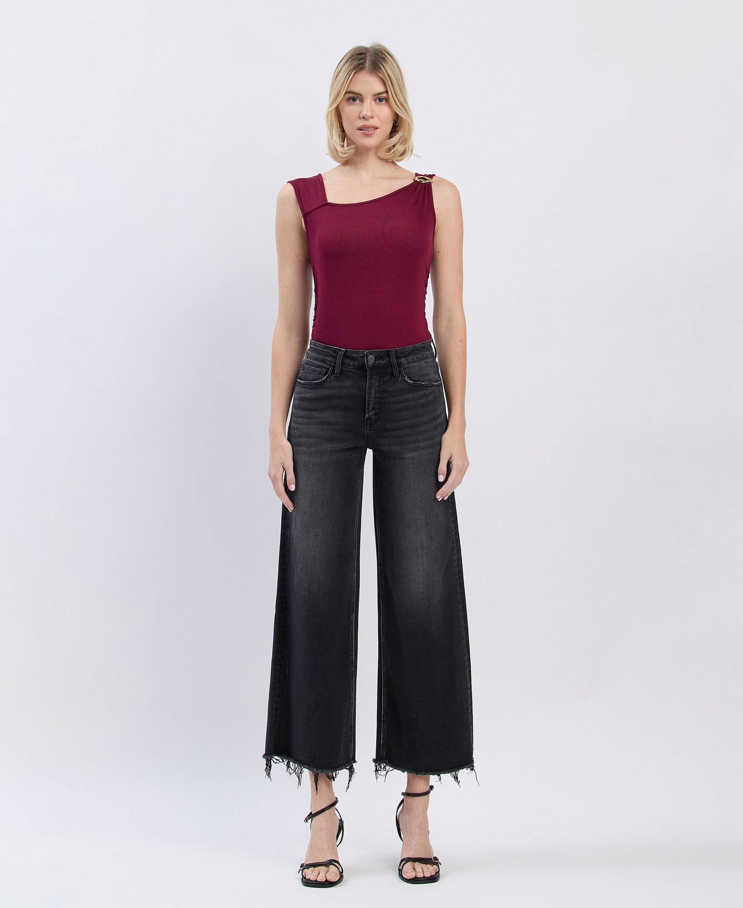 FLYING MONKEY - HIGH RISE FRAYED HEM ANKLE WIDE JEANS F5840