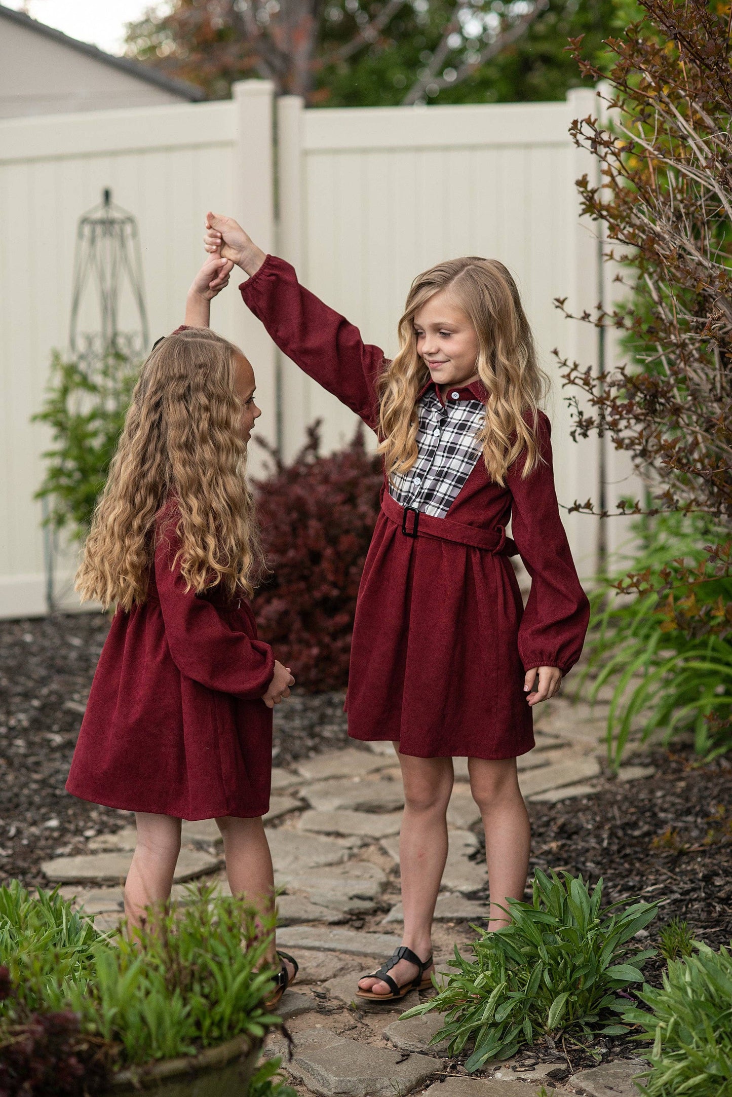 Wren & James - Kids Burgundy Black & White Plaid Yoke Long Sleeve Dress