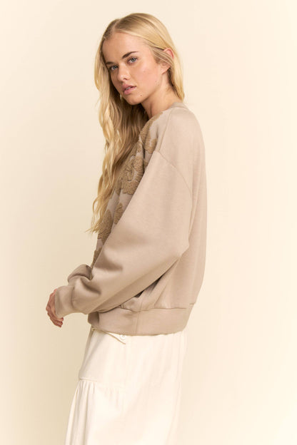 Davi & Dani - SHEER FLORAL FRONT EMBROIDERY ON SELF SWEATSHIRT