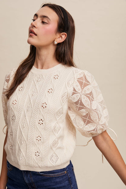 Listicle - Eyelet Puff Sleeve Knit Sweater Top