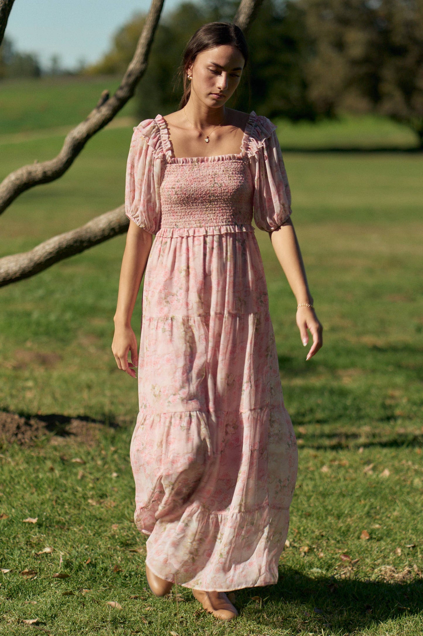 Davi & Dani - SMOCKED SQUARE NECK TIERED FLORAL MAXI DRESS