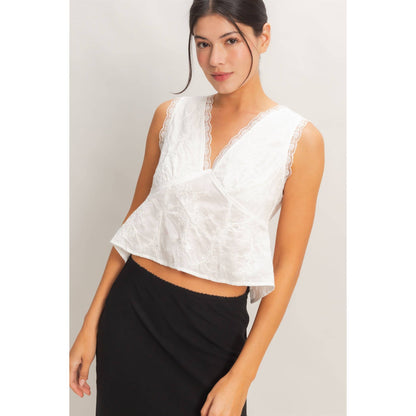 HYFVE - V-Neck Floral Lace Trim Top