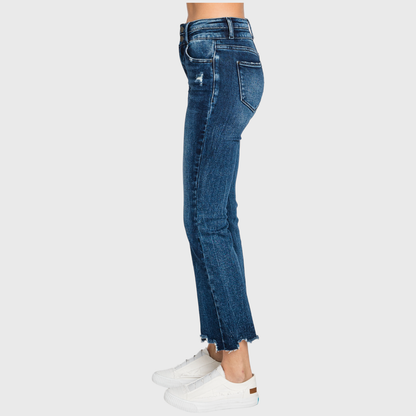 Petra153 - P797AHB-DK HIGH RISE CROP BOOTCUT JEANS W/ FRAYED HEM