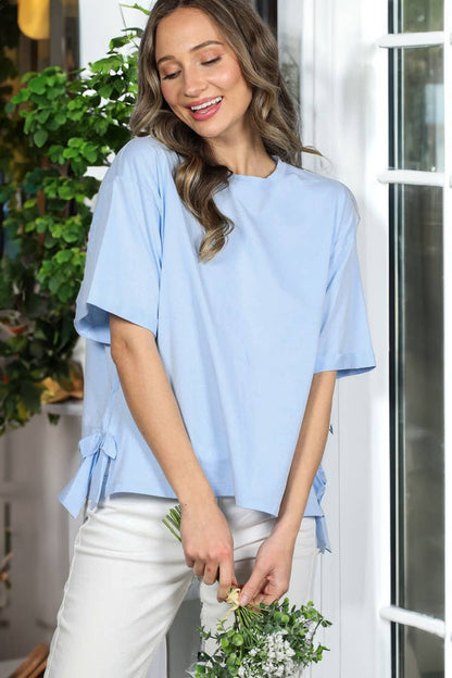 Vine & Love - Bow With Side Slit 100% Cotton Knit Top VT82807-