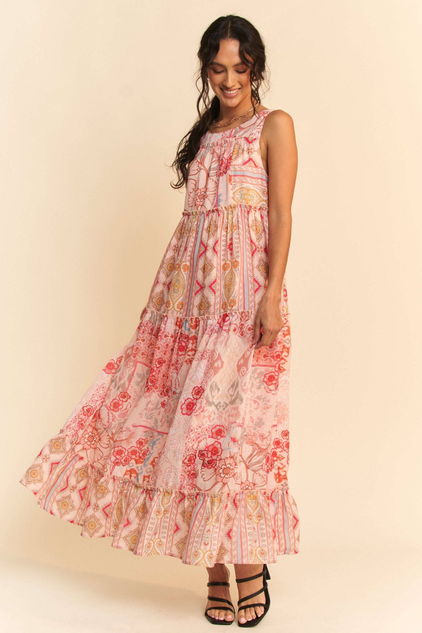GEO FLORAL MIX SLEEVELESS TIRERED MAXI DRESS