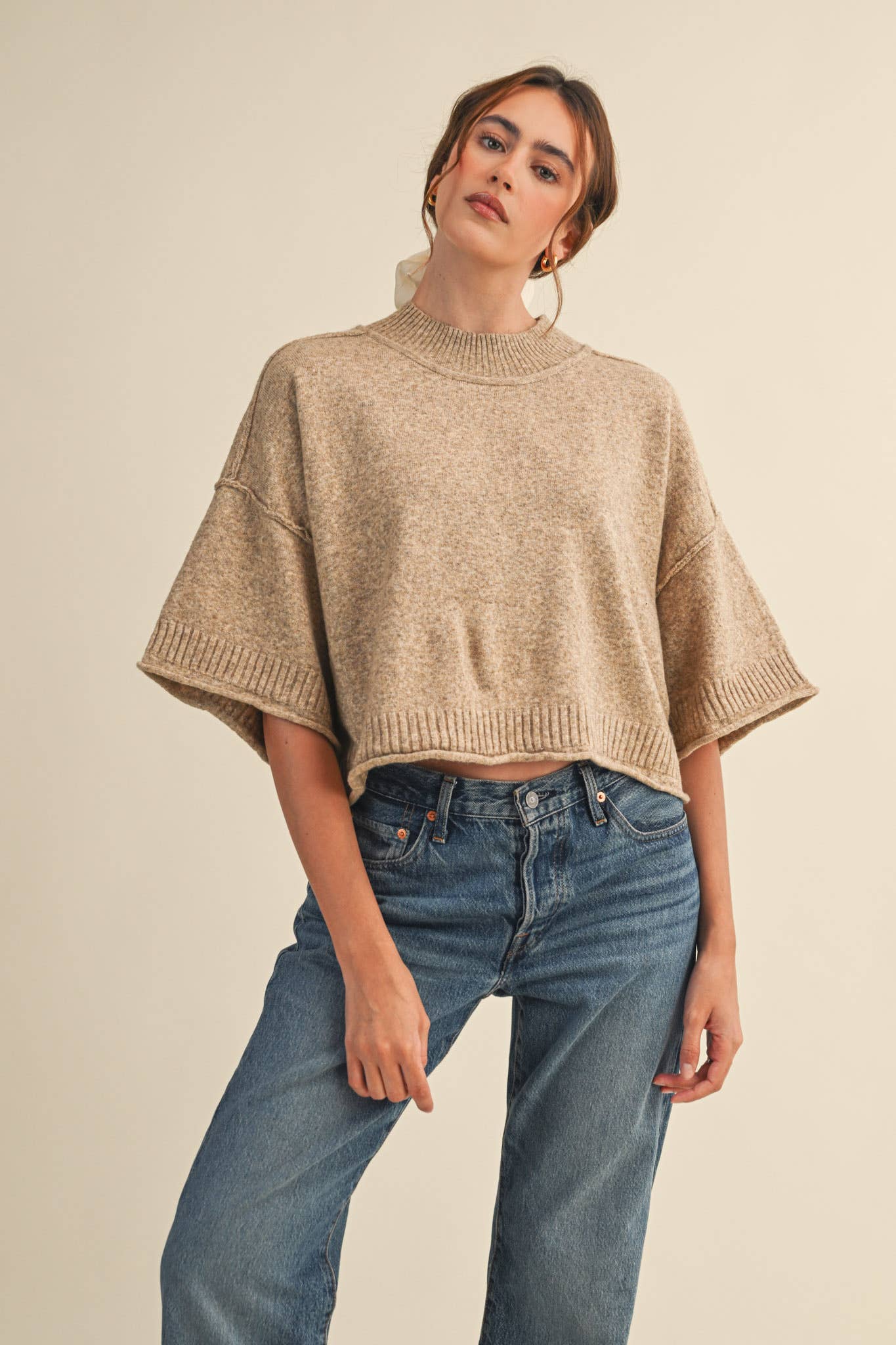 &MERCI - MARLED KNIT MOCK NECK SHORT SLEEVE SWEATER MSW11178