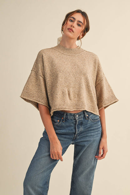 &MERCI - MARLED KNIT MOCK NECK SHORT SLEEVE SWEATER MSW11178