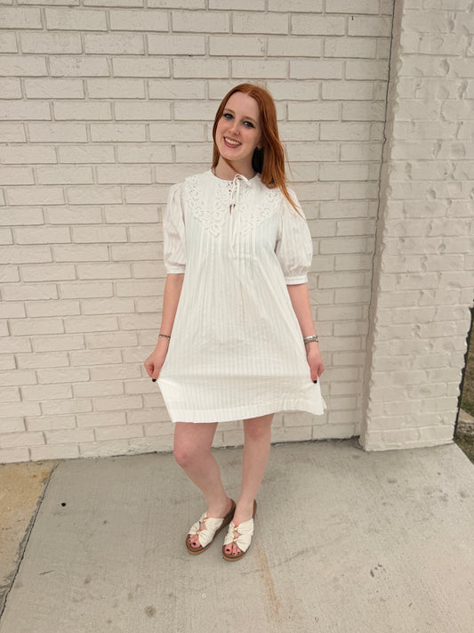 eyelet collared mini dress with front tie