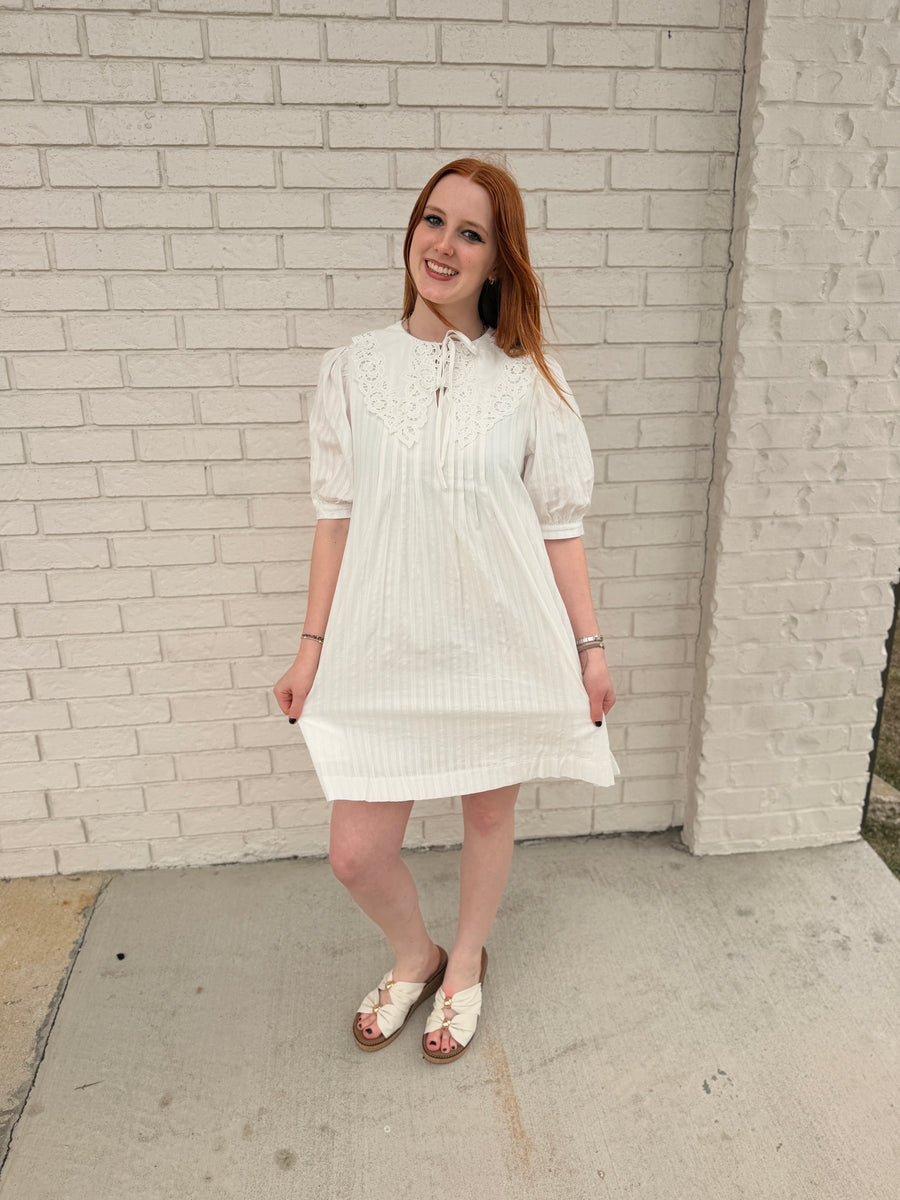 eyelet collared mini dress with front tie