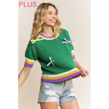 PLUS MARDI GRAS BOW DETAIL SHORT SLEEVE PULLOVER TOP
