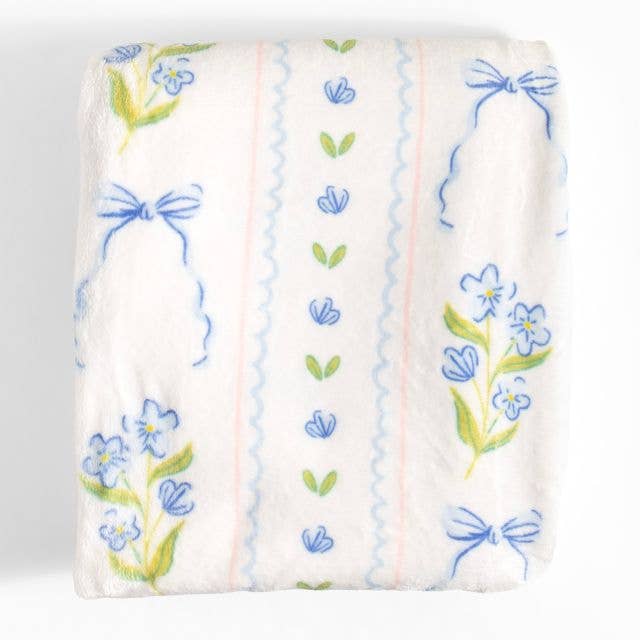 Pippi Post - Blue Floral & Coquette Bows Fleece Throw Blanket