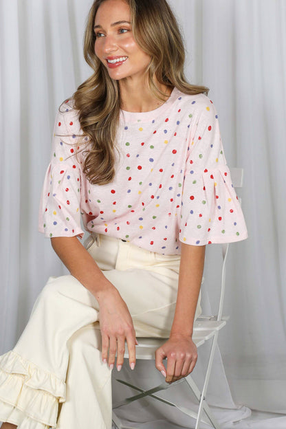 Vine & Love - Colorful Polka Dot Short Ruffle Sleeve Knit Top VT82765A