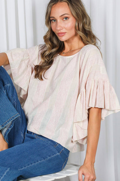 Wild Ruffle Embellished Sleeve Flowy Striped Top