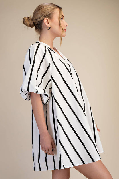 Glam - Puff-Sleeve Stripe Mini Shift Dress
