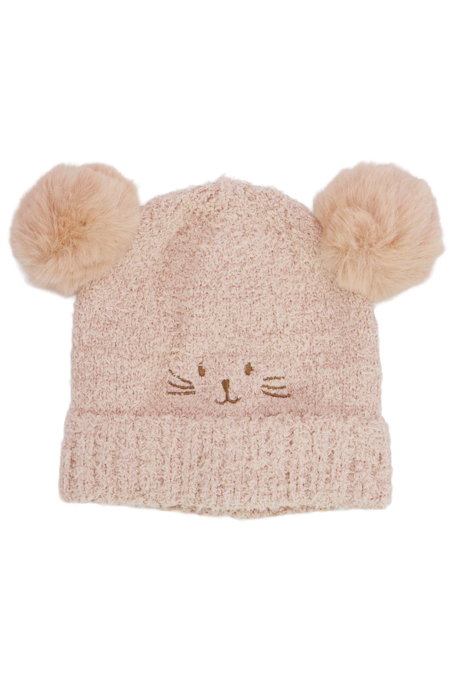 Cap Zone - Kids Kitty Cat Terry Fleece Double Pom Beanie