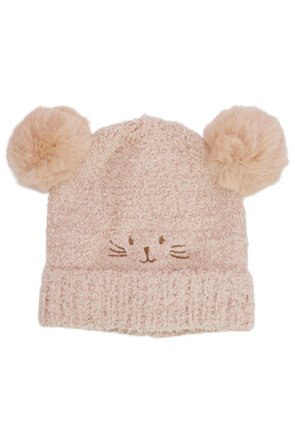 Cap Zone - Kids Kitty Cat Terry Fleece Double Pom Beanie