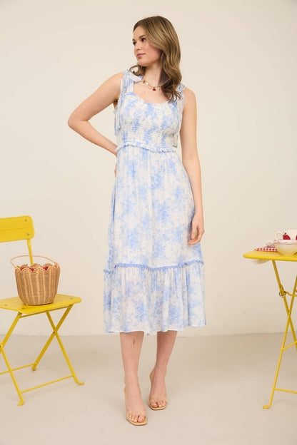 Blu Pepper - FLORAL SMOCKED SWEETHEART  RUFFLE TRIM MIDI DRESS