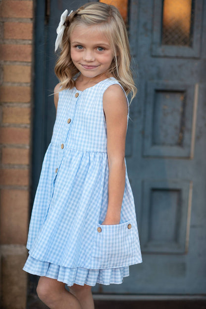 Kids Blue & White Gingham Check Pocket Ruffle Spring Dress